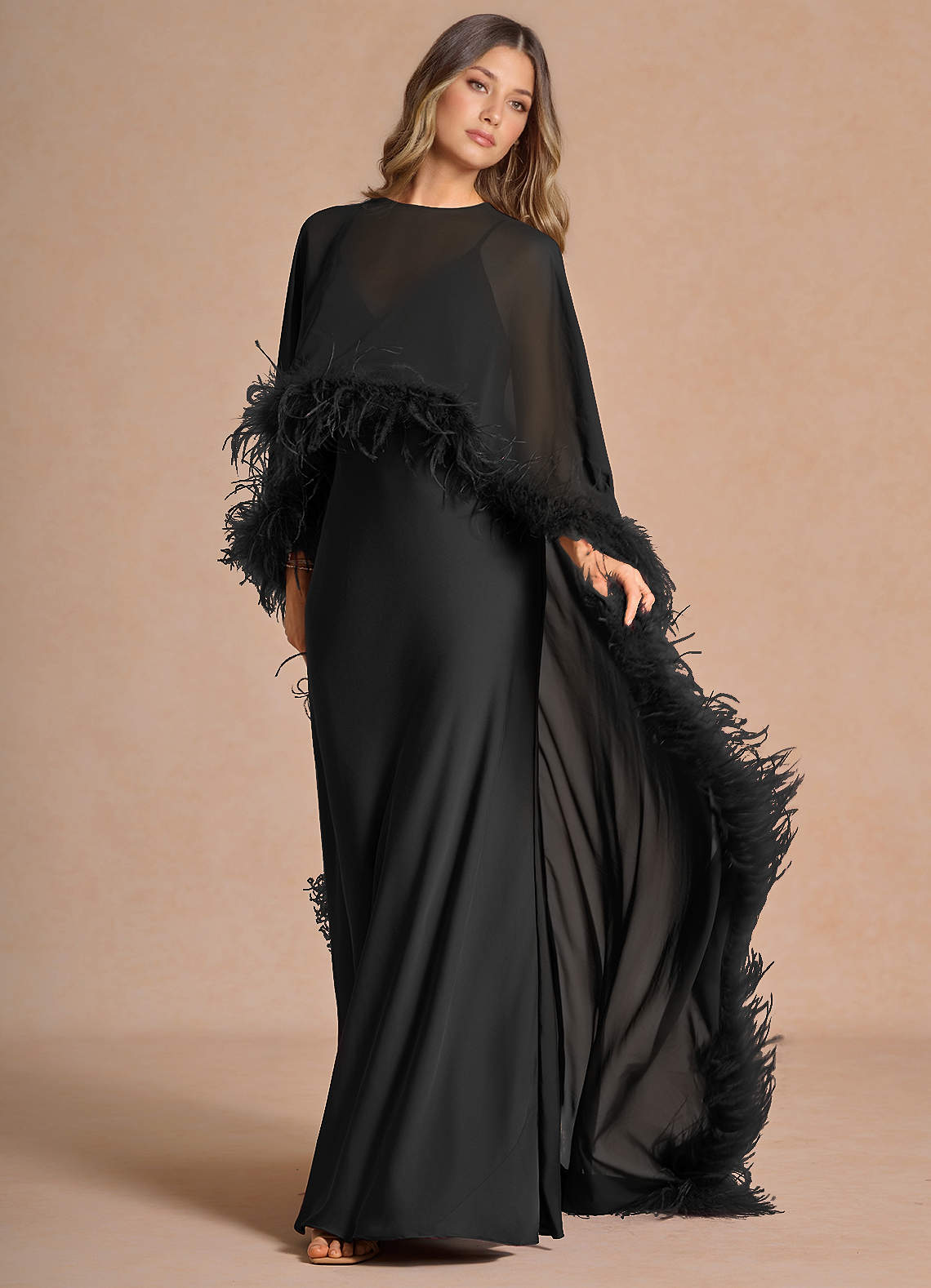 Samara Sheath Feather-Trim Satin Chiffon Wedding Guest Dress in black