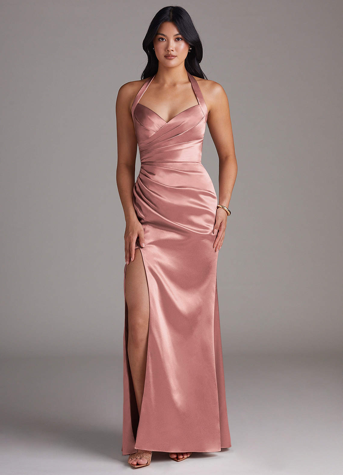 Emeria Sheath Halter Metallic Satin Bridesmaid Dress in dusty rose