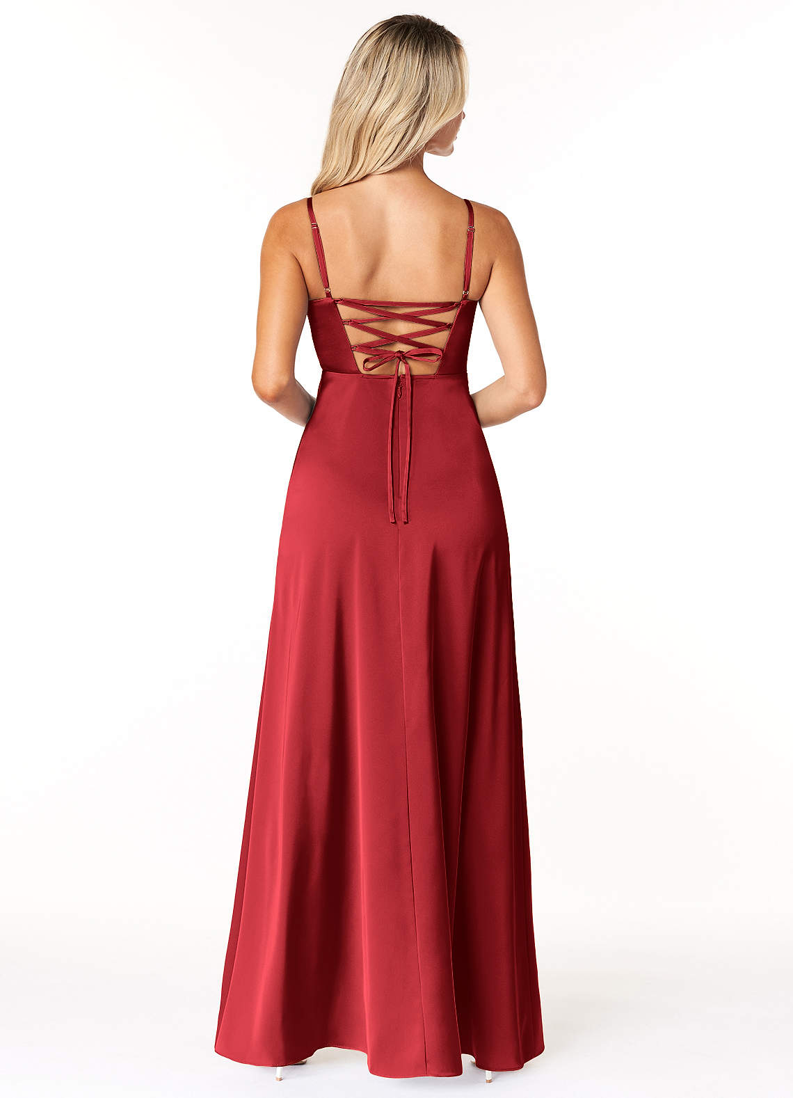 Marchella A-Line V-Neck Stretch Satin Bridesmaid Dress in Scarlet