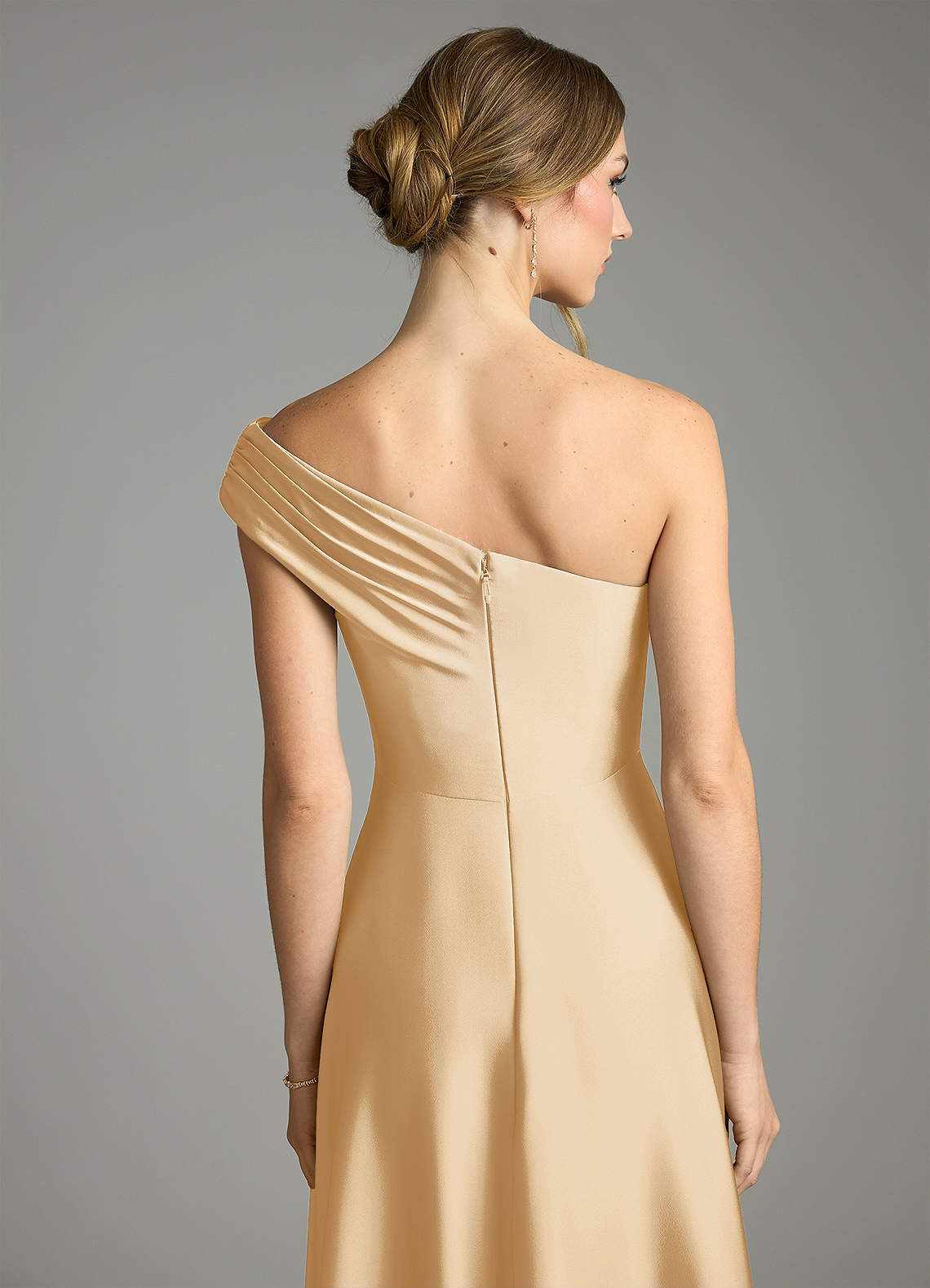 Melanie A-Line One-Shoulder Stretch Satin Bridesmaid Dress in Gold
