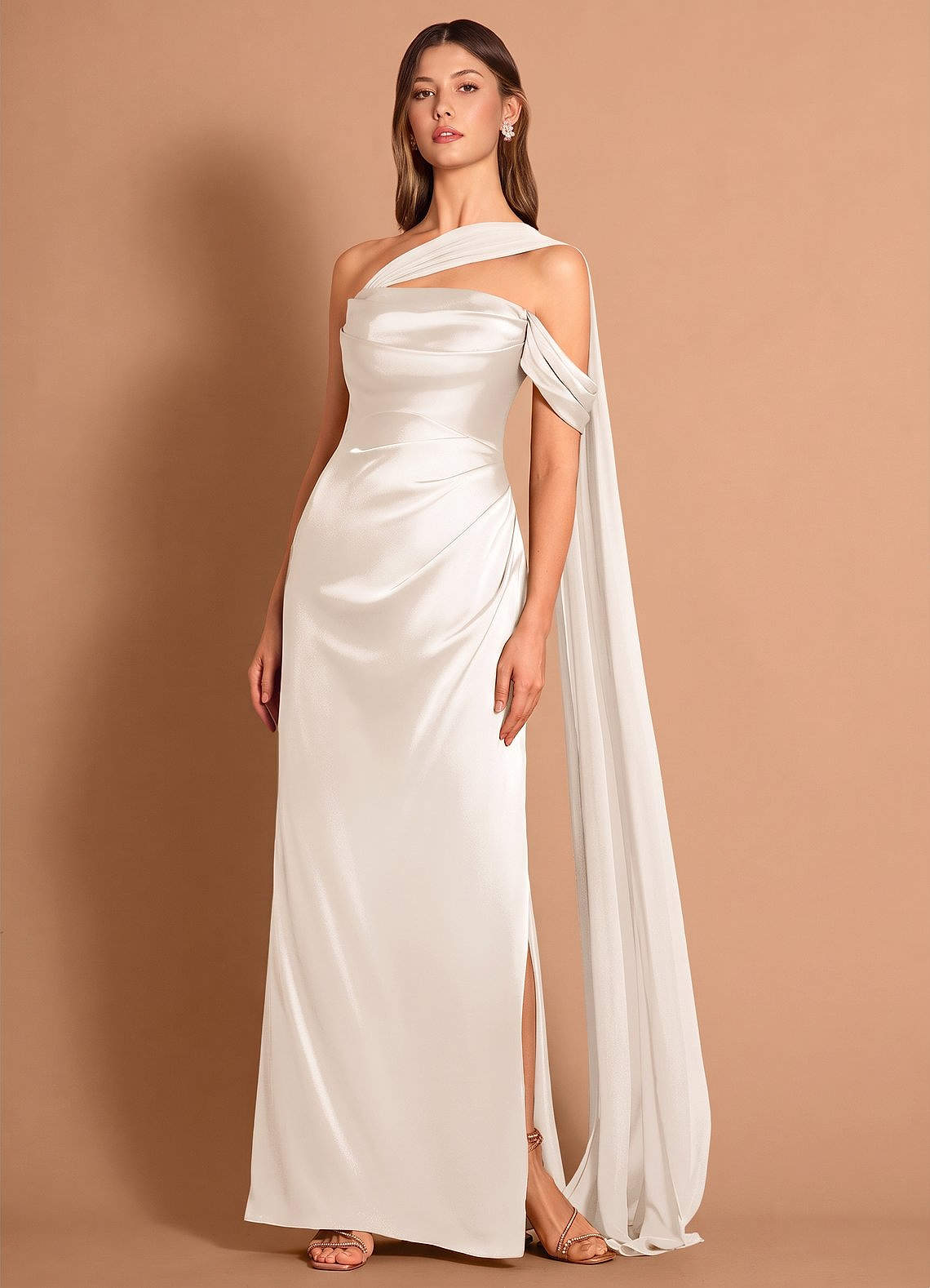 Meliora Asymmetric Strapless Chiffon-Drape Stretch Satin Evening Dress in Cream
