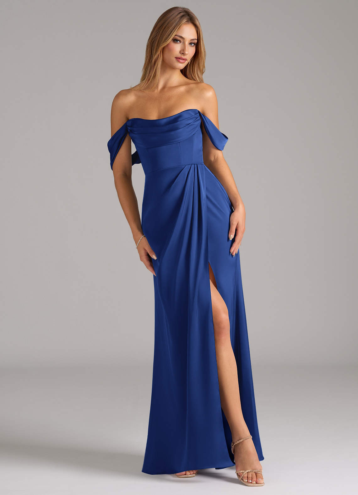 Johana Mermaid Off-the-Shoulder Stretch Satin Bridesmaid Dress in Royal Blue