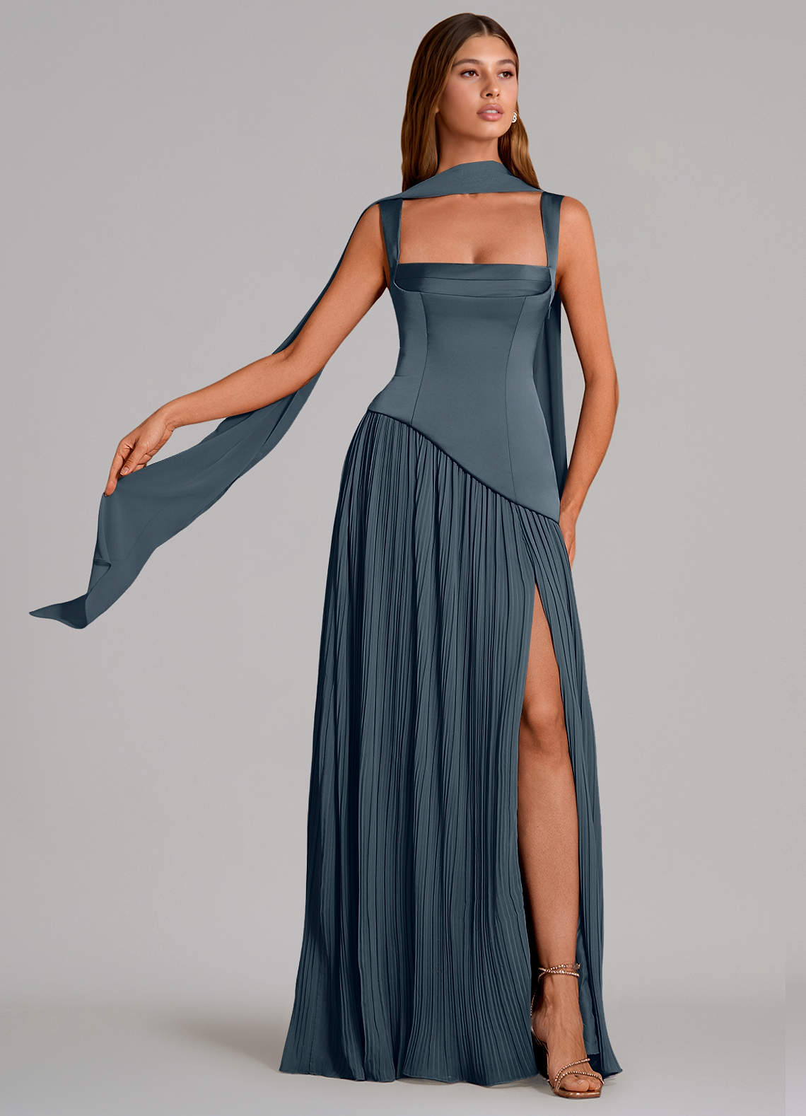 Stephanie A-Line Square-Neck Stretch Satin and Chiffon Bridesmaid Dress in Twilight