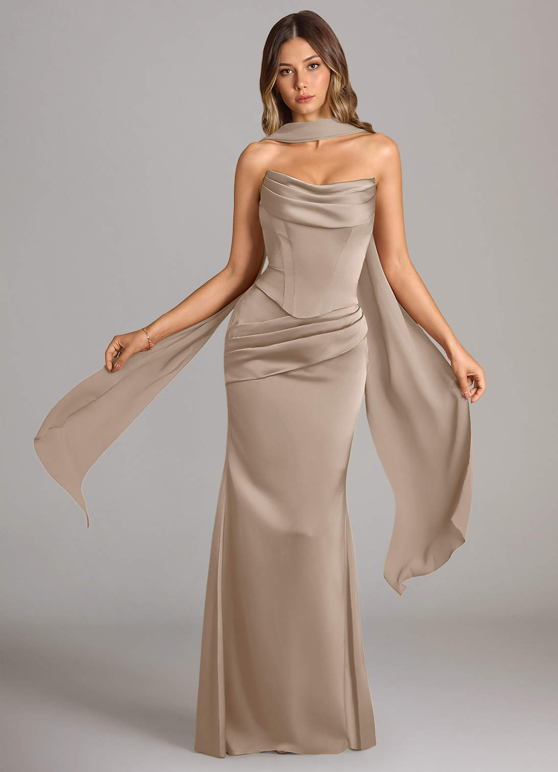 Sorrel Mermaid Cowl-Neck Stretch Satin and Chiffon Bridesmaid Dress in Taupe