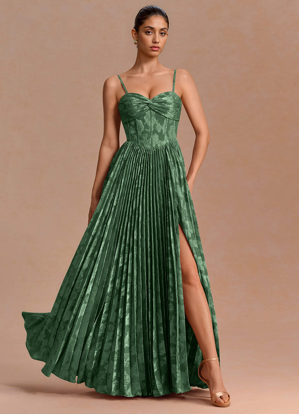 Delfina A-Line Twisted-Bust Fil Coupé Evening Dress in Eucalyptus