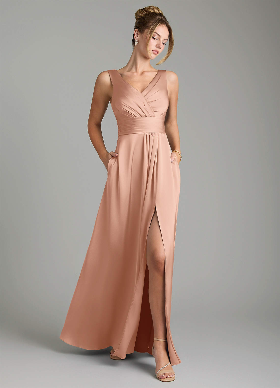 Karina A-Line V-Neck Stretch Satin Bridesmaid Dress in rose gold