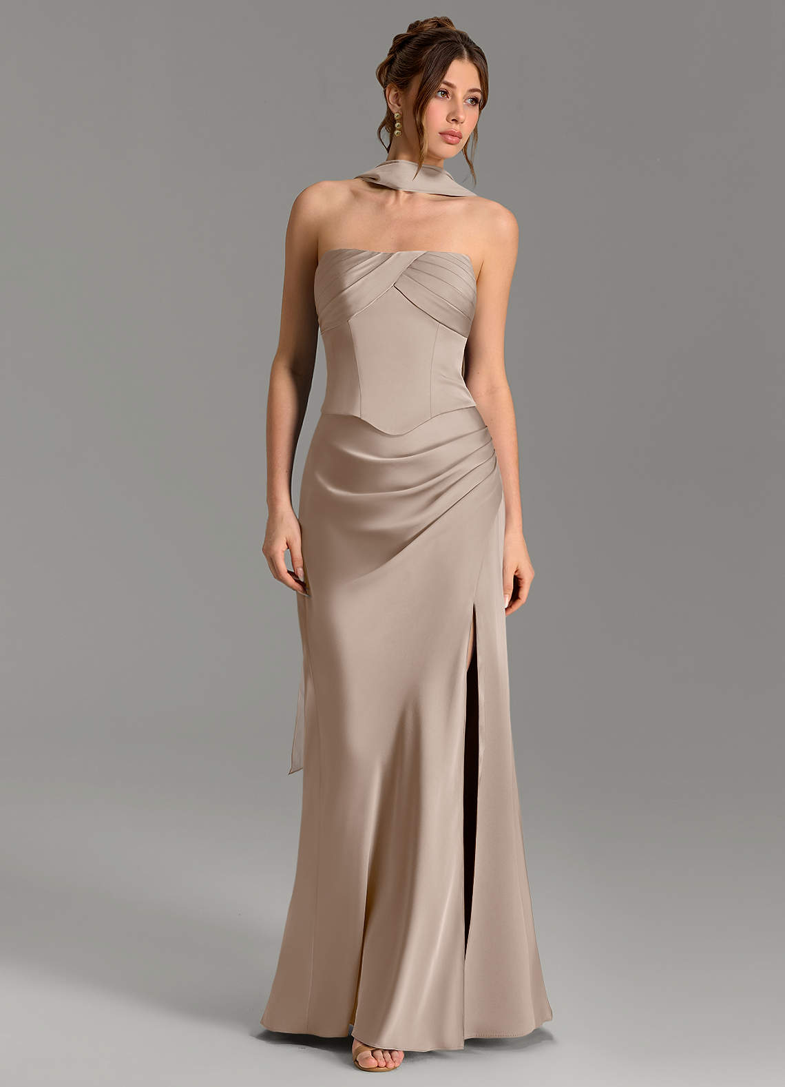 Nicki Sheath Scoop-Neck Stretch Satin Bridesmaid Dress in Taupe