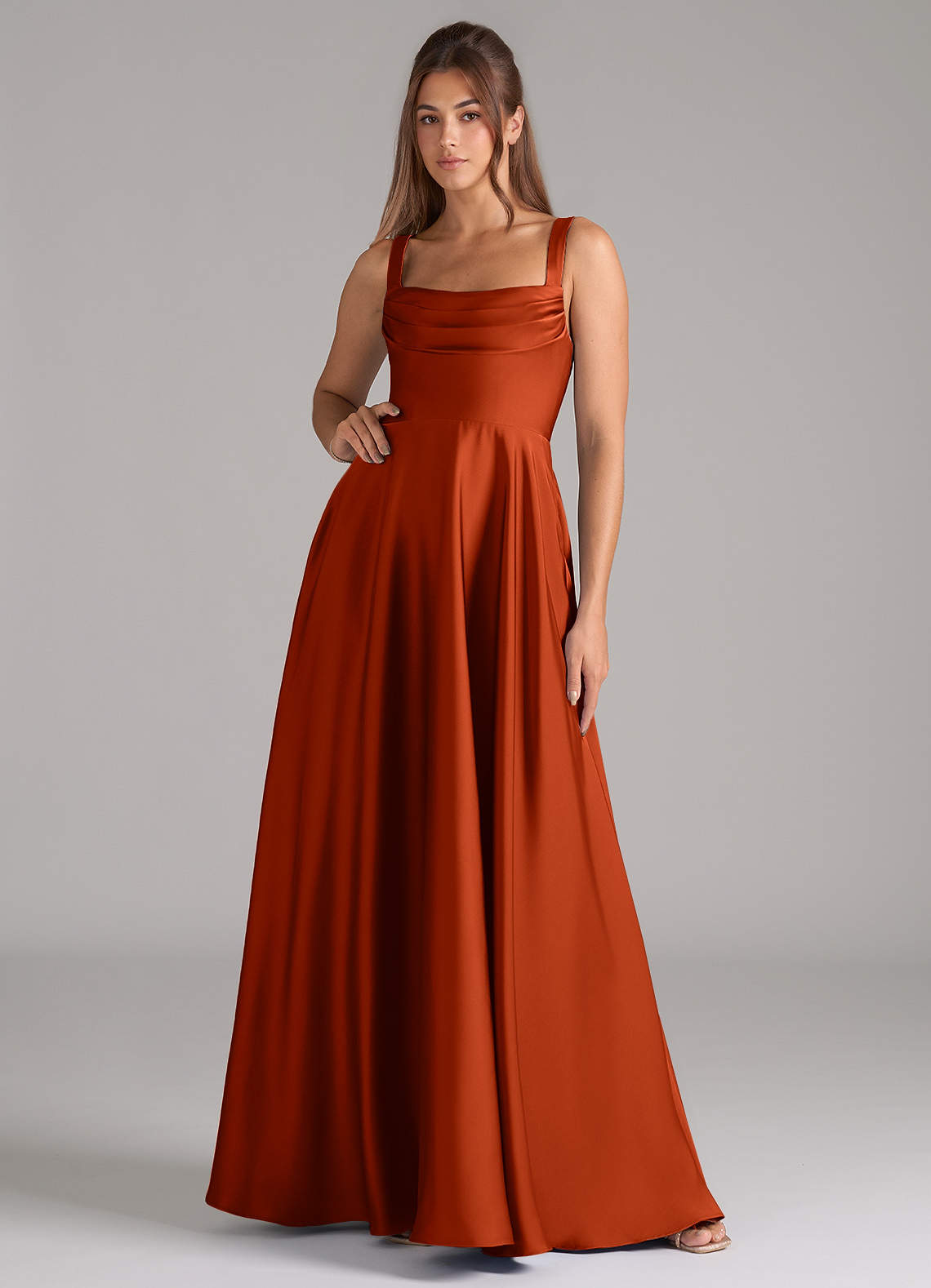 Shaude A-Line Square-Neck Stretch Satin Bridesmaid Dress in Paprika