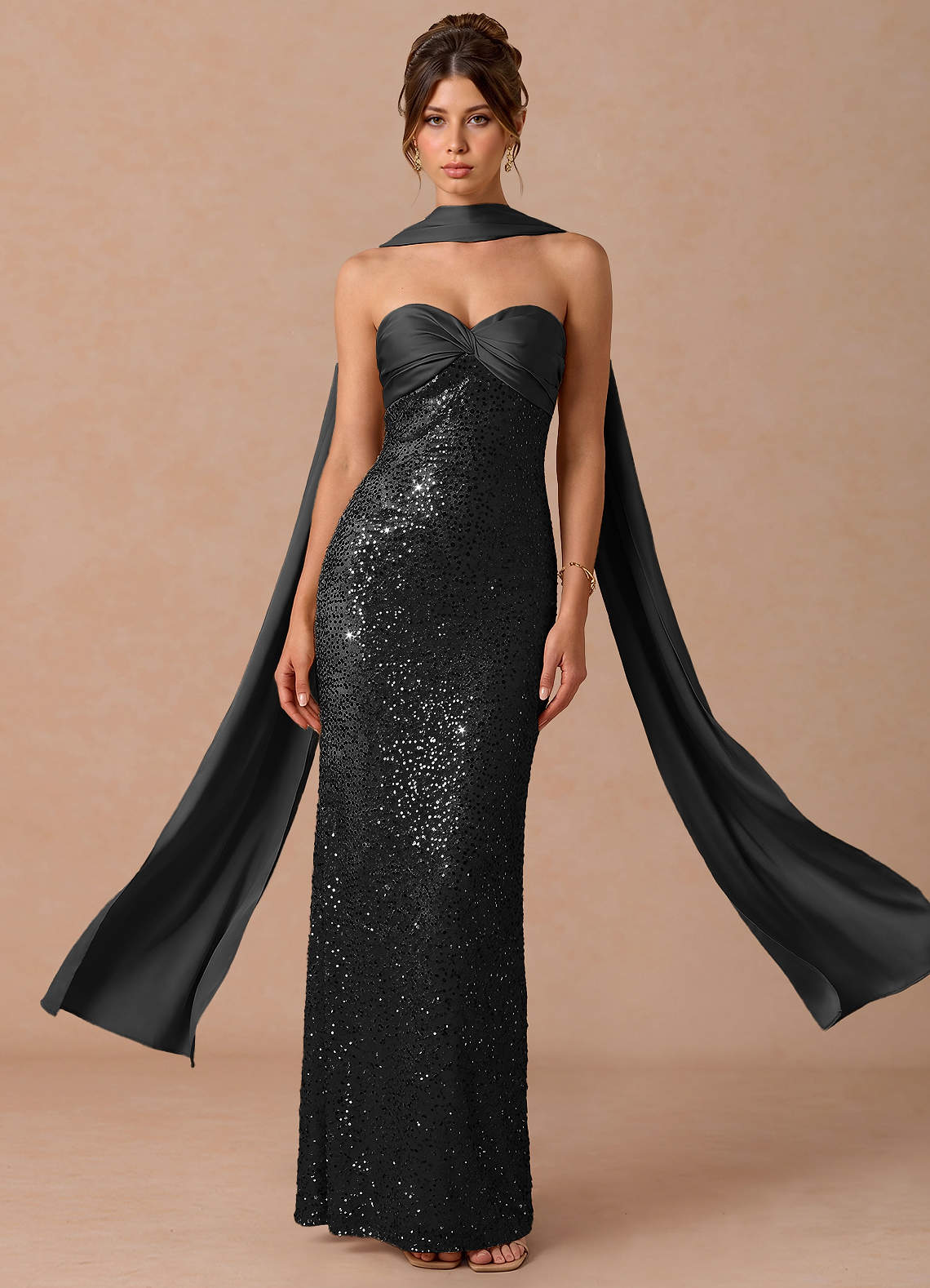 Serelle A-Line Sweetheart Sequin Satin Evening Dress in Gold Champagne