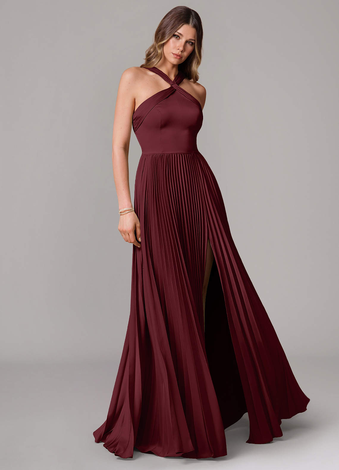 Afra A-Line Halter-Neck Stretch Satin Bridesmaid Dress in Cabernet