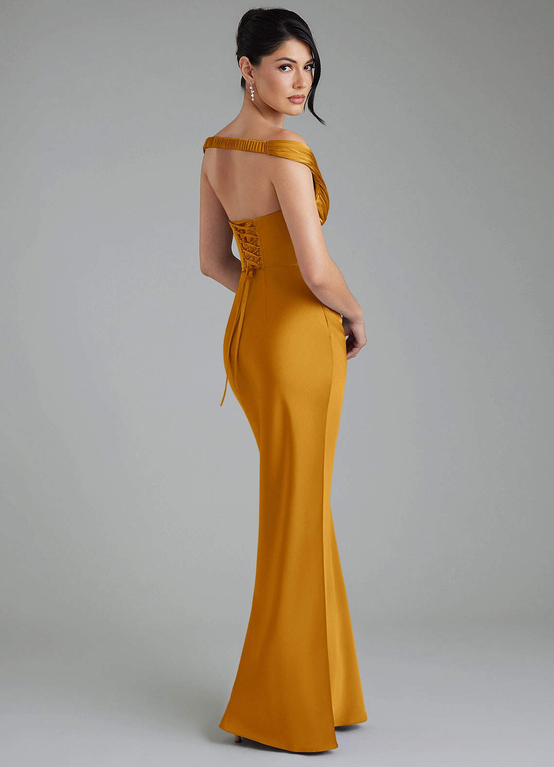 Stella Sheath V-Neck Stretch Satin Bridesmaid Dress in butterscotch
