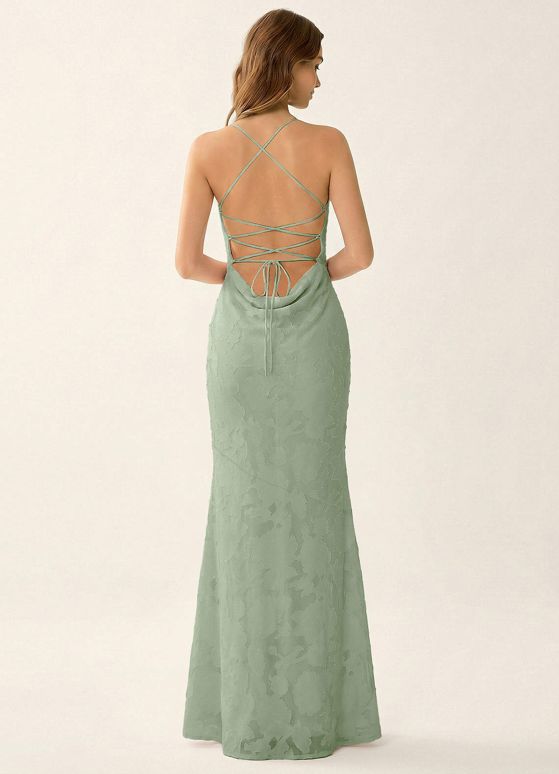 Natasha Mermaid Spaghetti-Strap Floral Burnout Evening Dress in Light Green