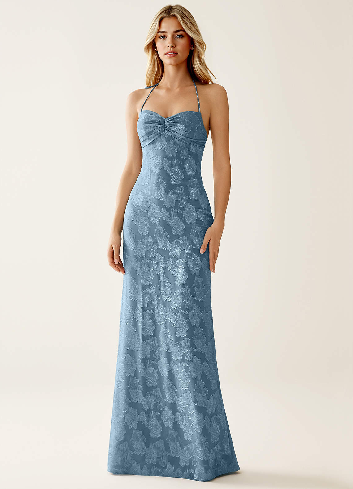 Angena Sheath Halter Floral Burnout Evening Dress in Dusty Blue