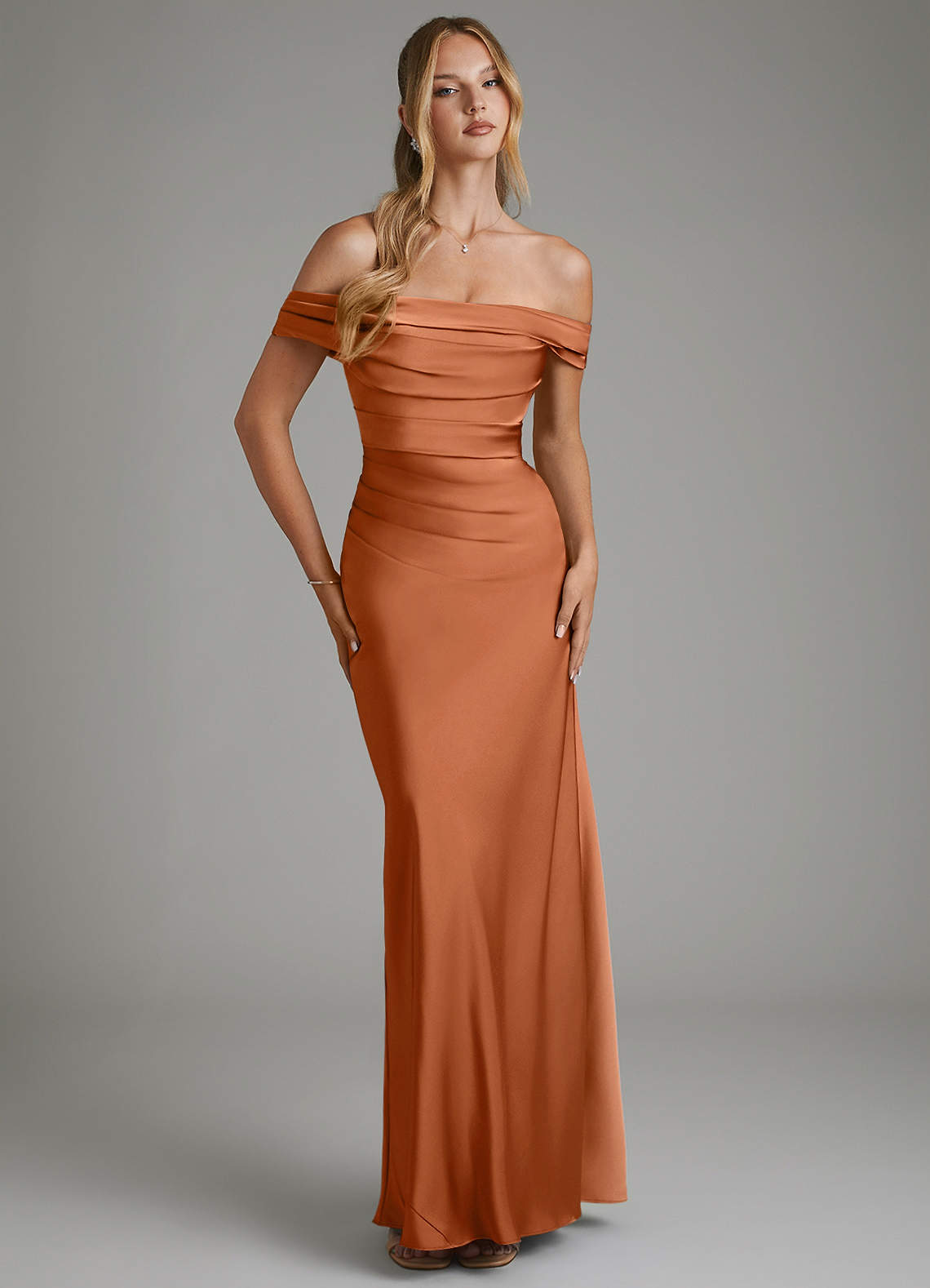 Hayden Mermaid Off-the-Shoulder Stretch Satin Bridesmaid Dress in Copper