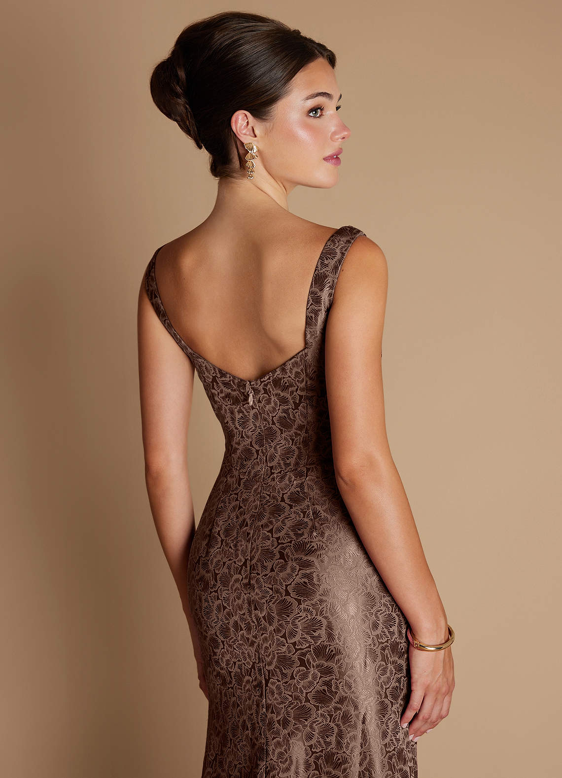 Kiana Mermaid Scoop-Neck Jacquard Wedding Guest Dress in Mocha Coco