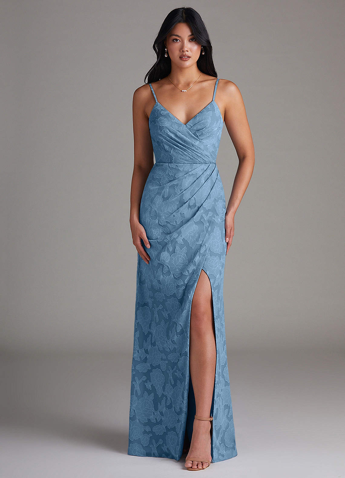 Maci Sheath V-Neck Floral Burnout Bridesmaid Dress in Steel Blue