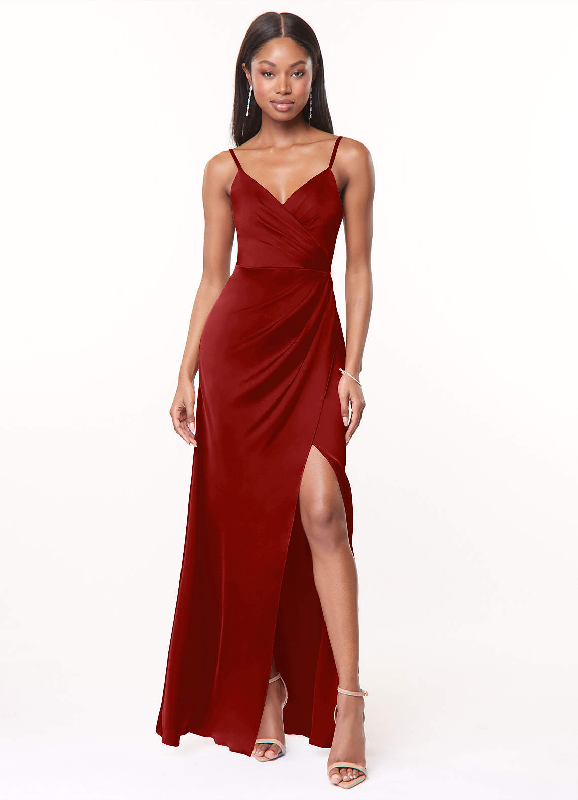 Maci A-Line V-Neck Stretch Satin Bridesmaid Dress in Pomegranate