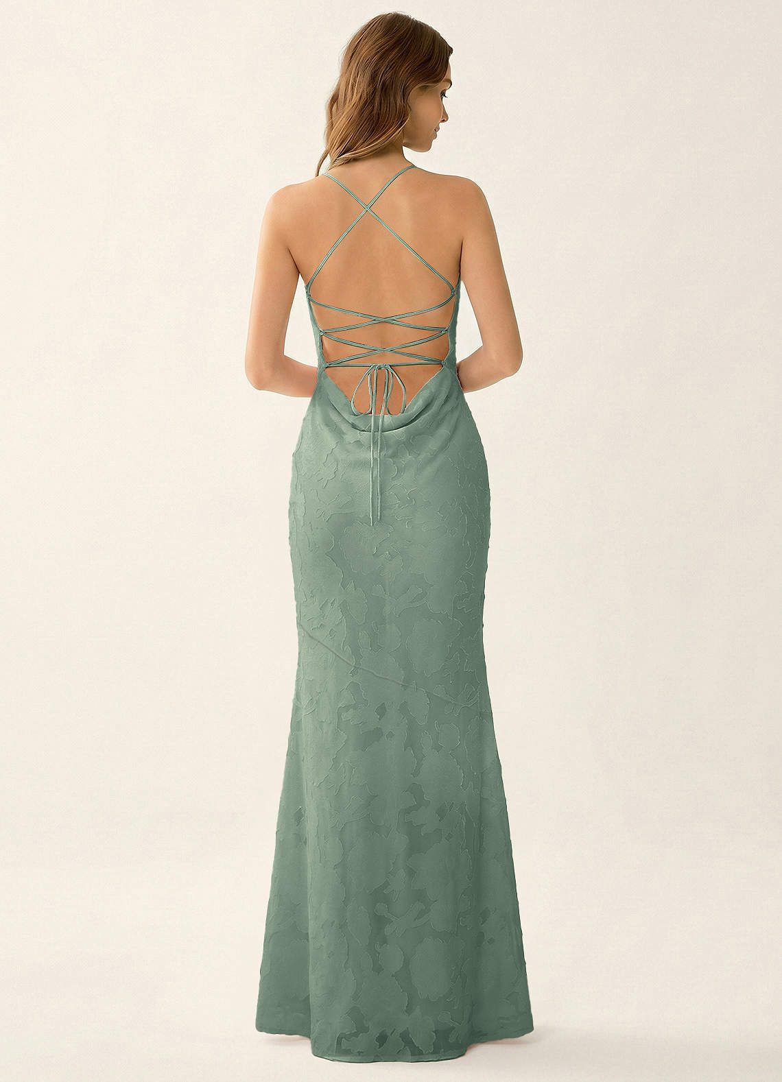 Natasha Mermaid Spaghetti-Strap Floral Burnout Evening Dress in Aloe Green
