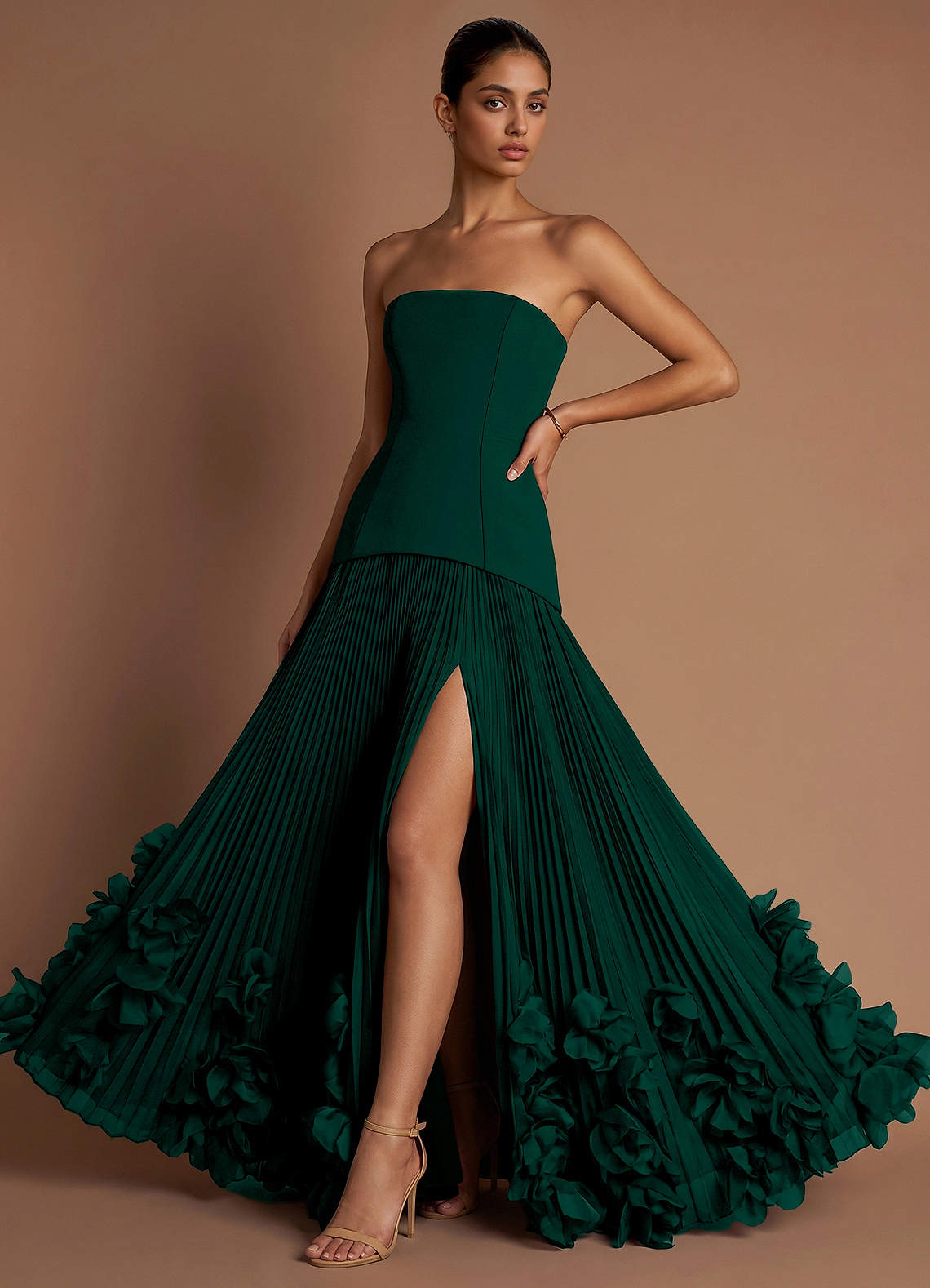 Marnie A-Line Corset Crepe Chiffon Evening Dress in Forest Green