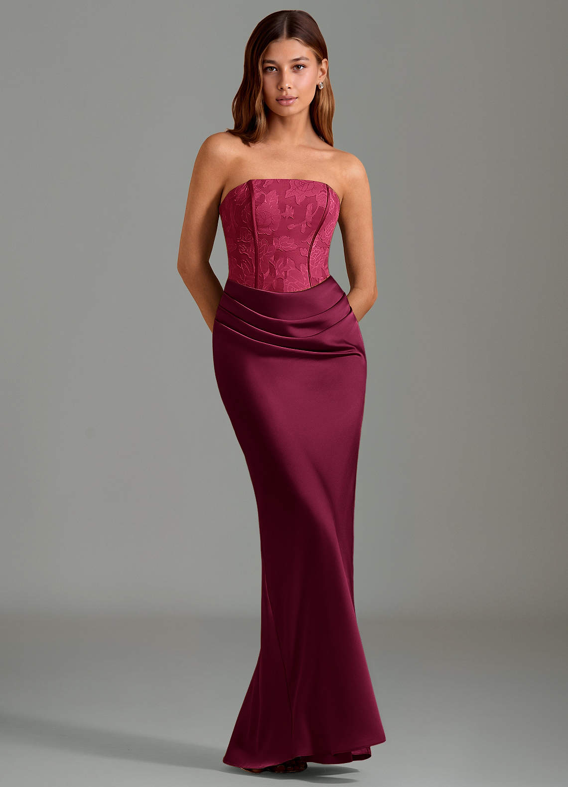 Emilia Mermaid Strapless Stretch Satin and Floral Burnout Bridesmaid Dress in Burgundy