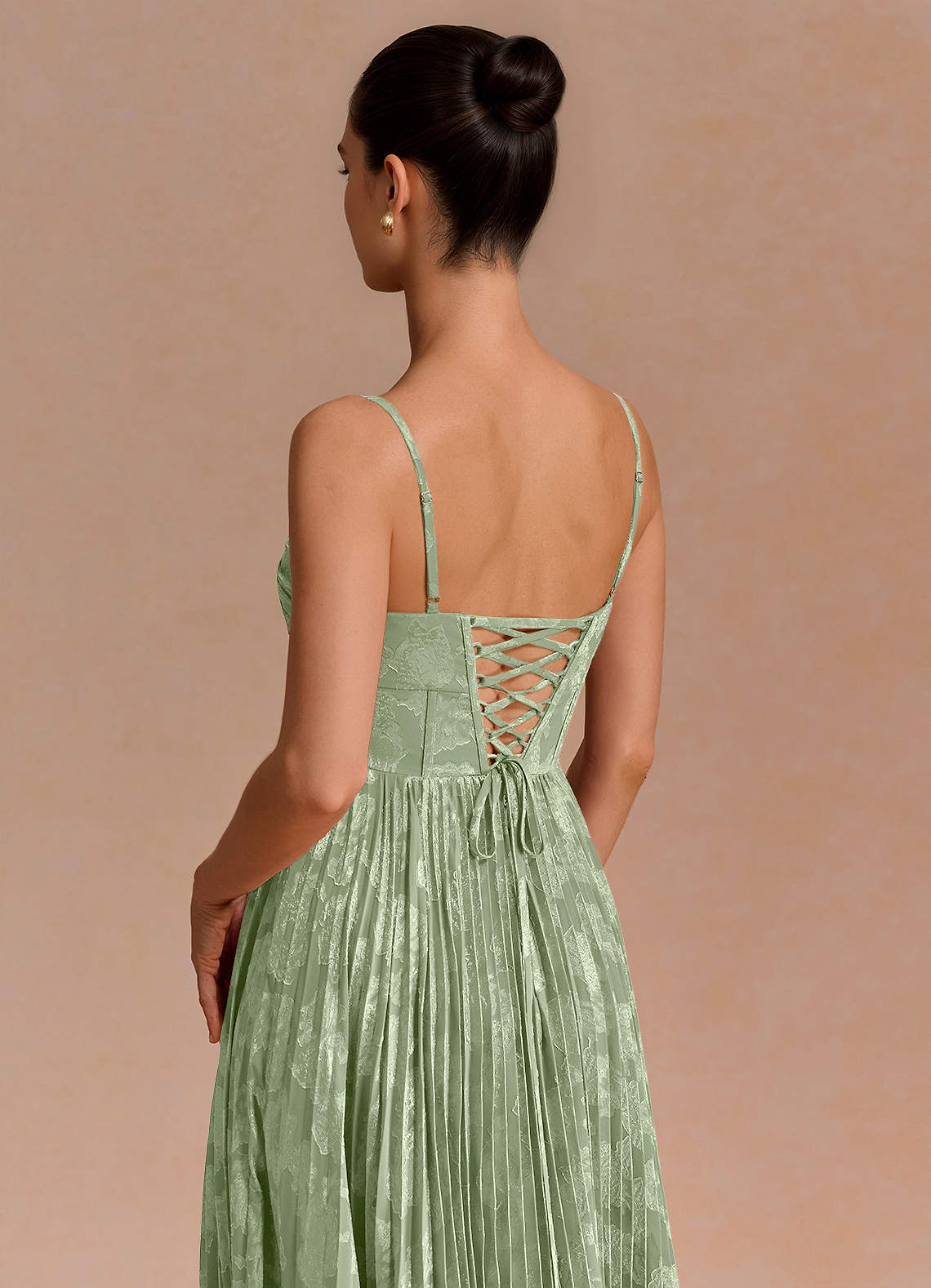 Delfina A-Line Twisted-Bust Fil Coupé Evening Dress in Light Green