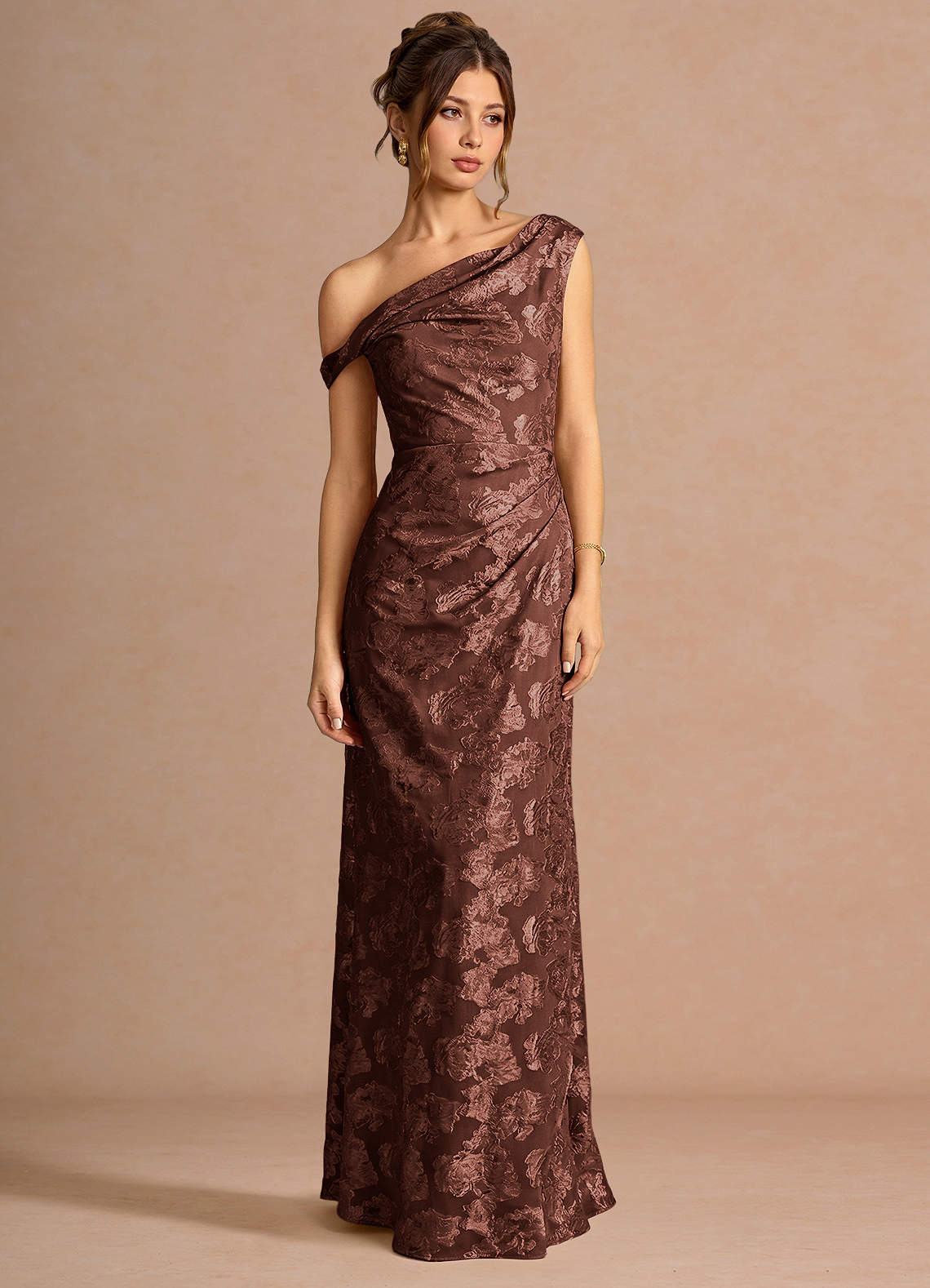 Kismet Mermaid One-Shoulder Fil Coupé Wedding Guest Dress in Mocha Coco