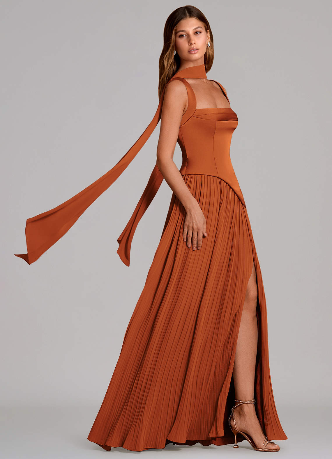 Stephanie A-Line Square-Neck Stretch Satin and Chiffon Bridesmaid Dress in Cinnamon