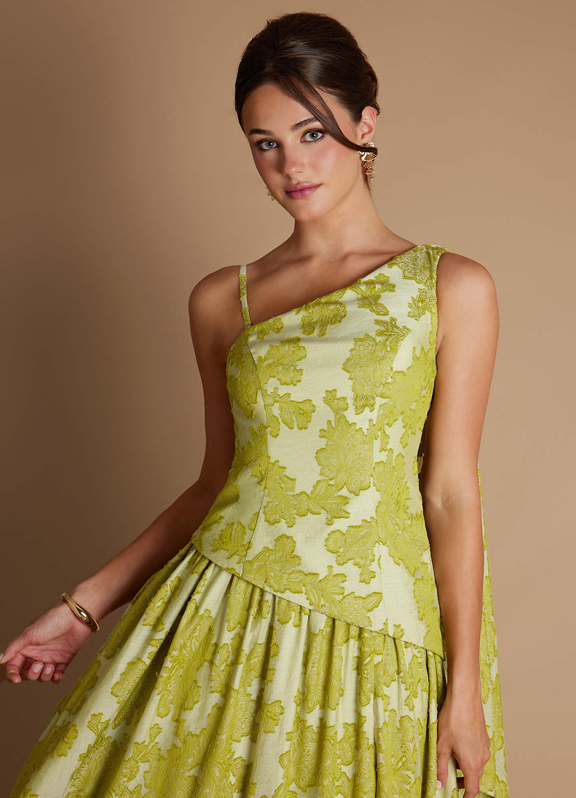 Nayra A-Line One-Shoulder Burnout Wedding Guest Dress in Vintage Chartreuse