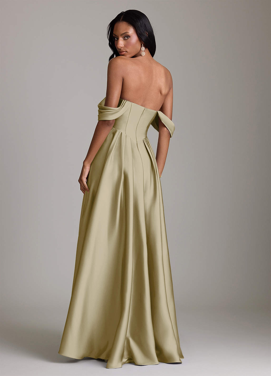 Loisa A-Line Off-the-Shoulder Stretch Satin Bridesmaid Dress in Moss Green