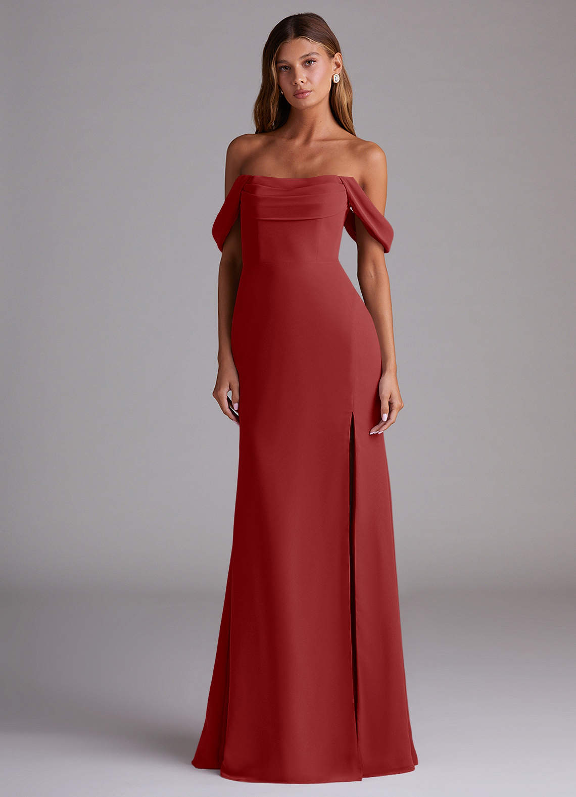 Saige A-Line Off-the-Shoulder Chiffon Bridesmaid Dress in Rust