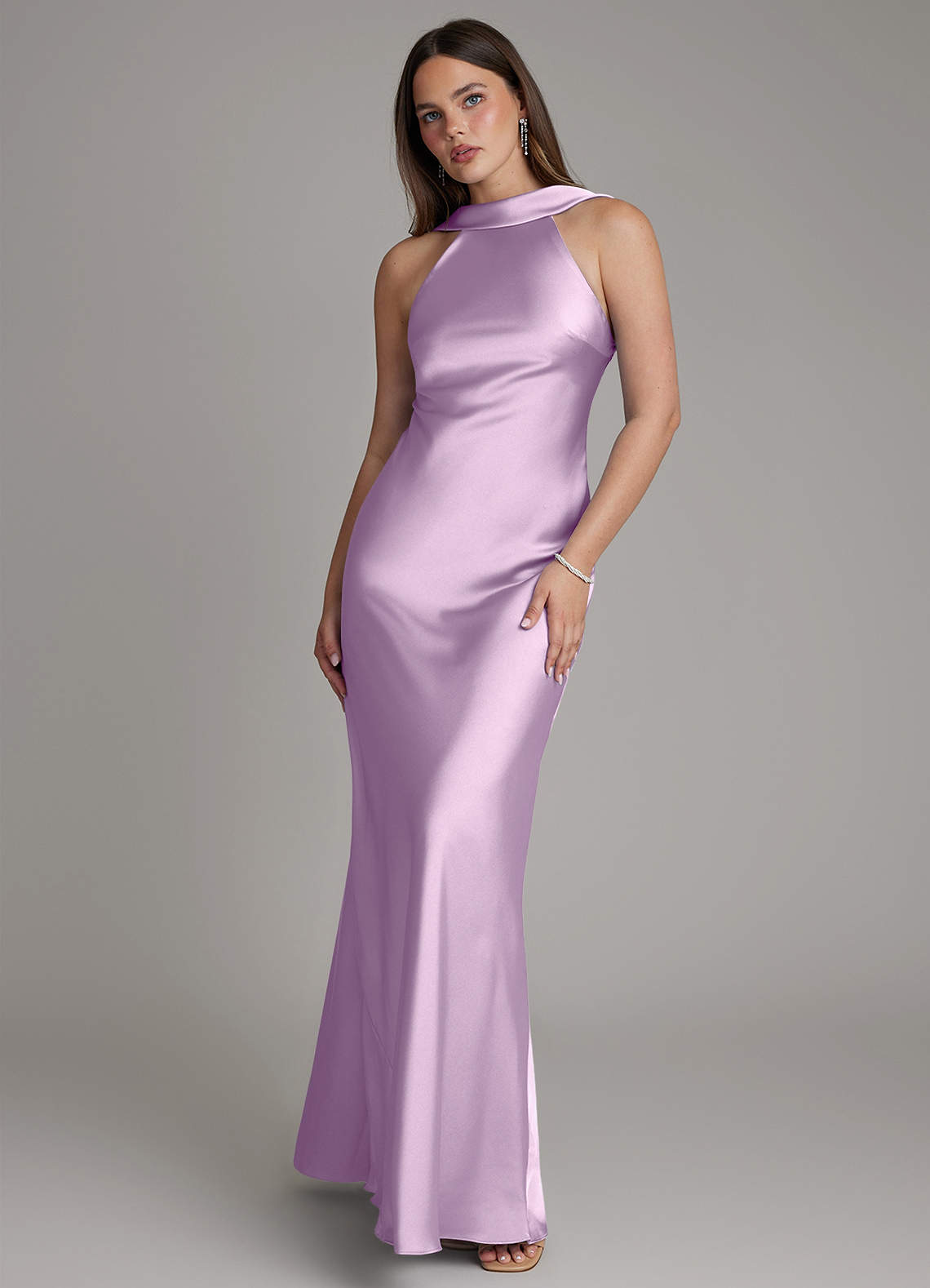Dimitra Sheath Halter Stretch Satin Bridesmaid Dress in Frosted Lilac