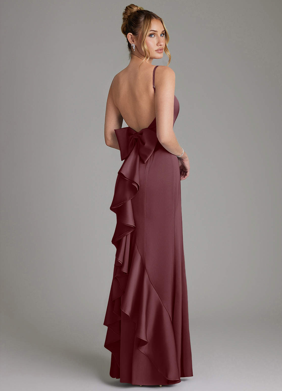Zherra Mermaid Scoop-Neck Stretch Satin Bridesmaid Dress in Sangria