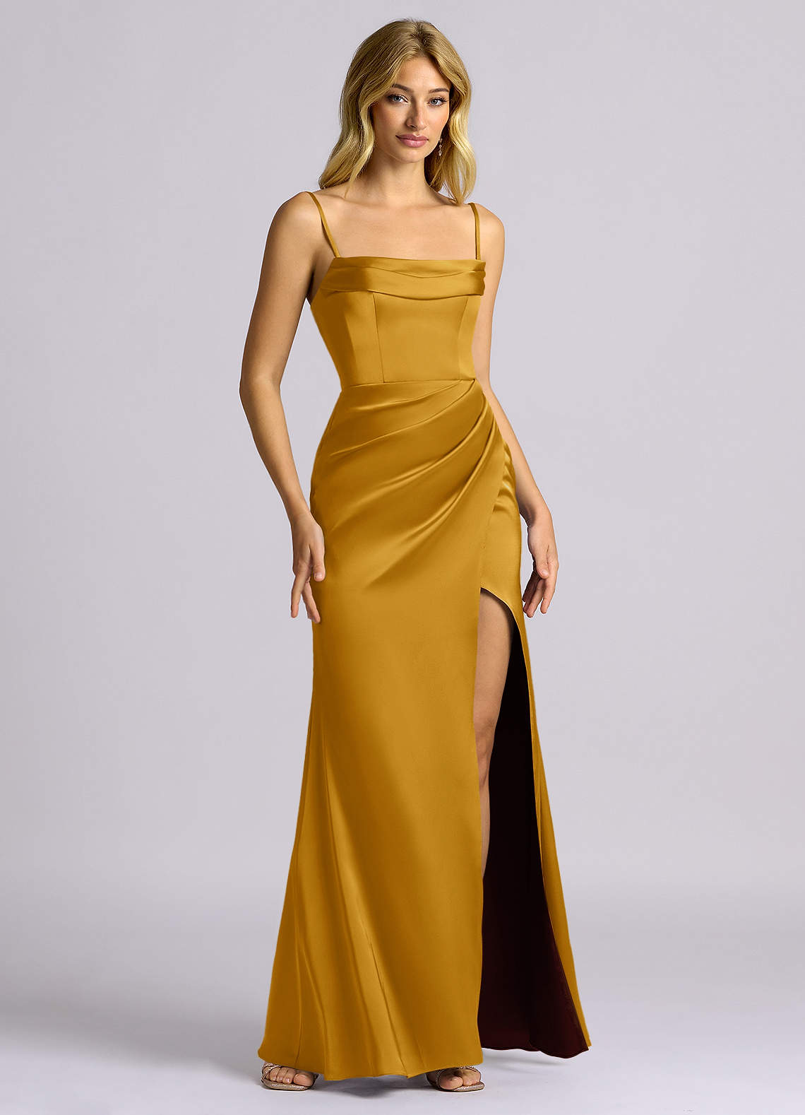Auden Sheath Off-the-Shoulder Stretch Satin Bridesmaid Dress in butterscotch