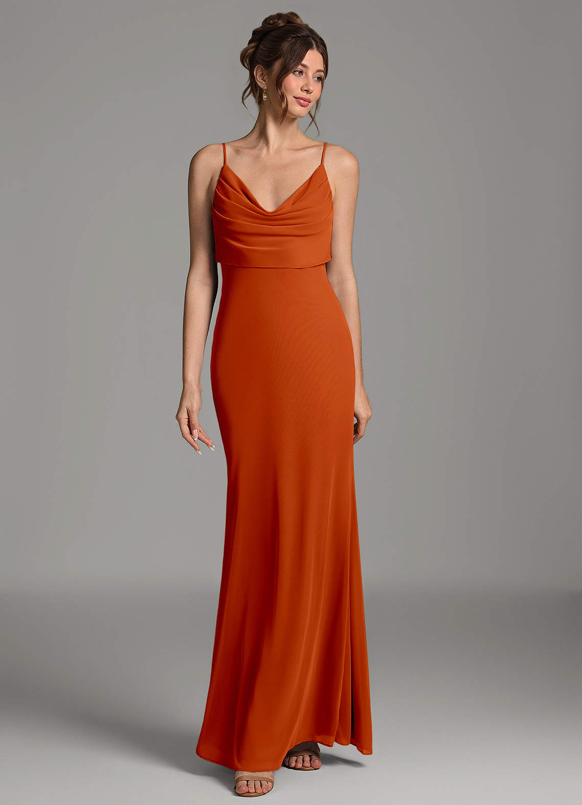Zari Mermaid Cowl-Neck Mesh Bridesmaid Dress in Paprika