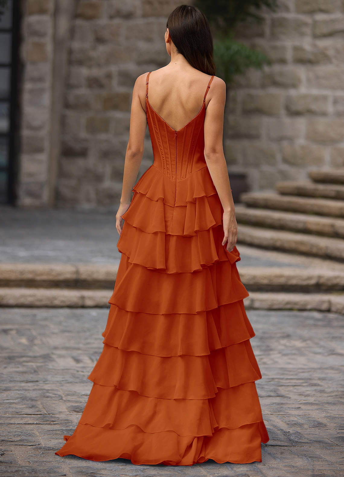 Floralace A-Line Ruffle Chiffon Evening Dress in Paprika