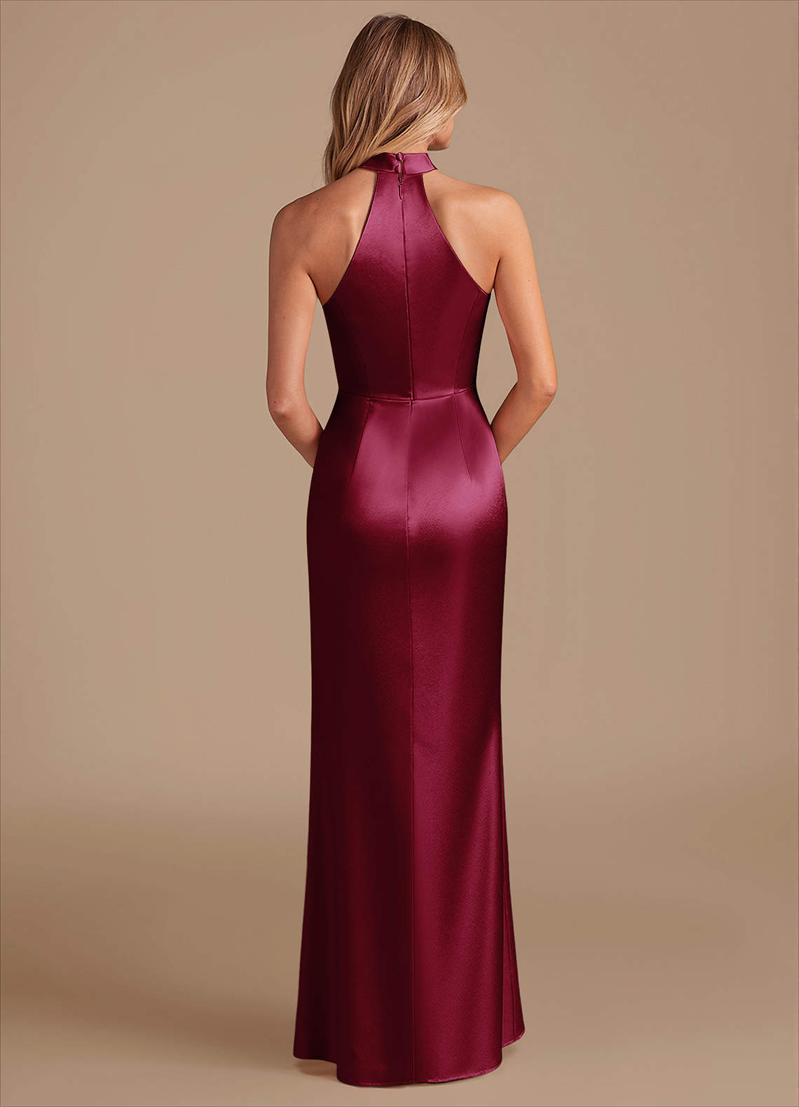Karlotta Sheath Halter-Neck Metallic Satin Bridesmaid Dress in Burgundy