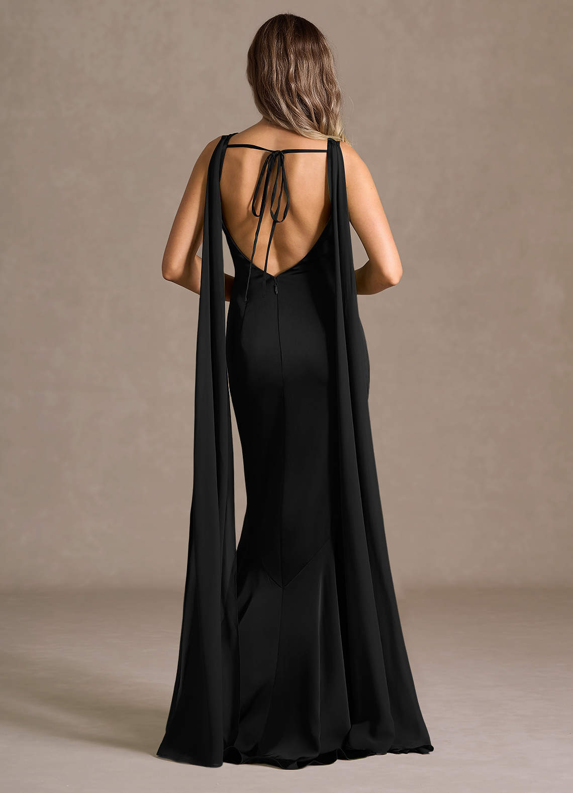 Wynne Mermaid Shoulder-Scarf Stretch Satin Evening Dress in black