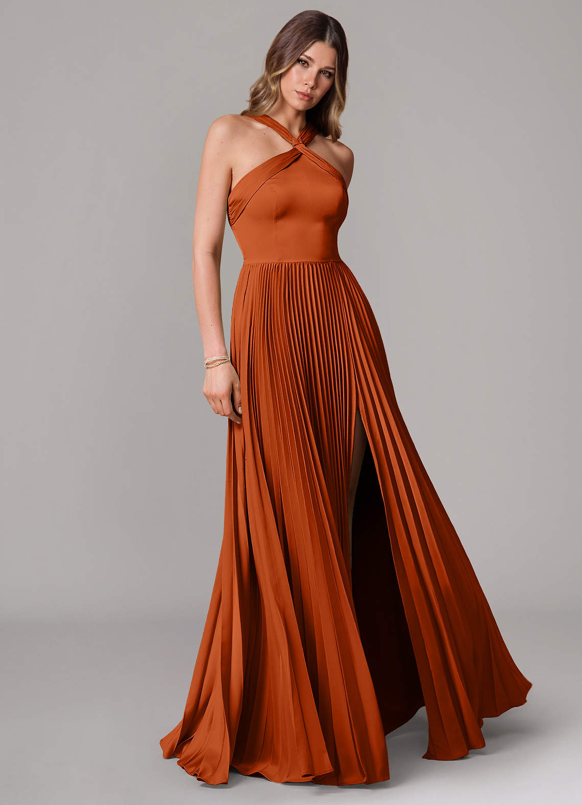 Afra A-Line Halter-Neck Stretch Satin Bridesmaid Dress in Burnt Orange