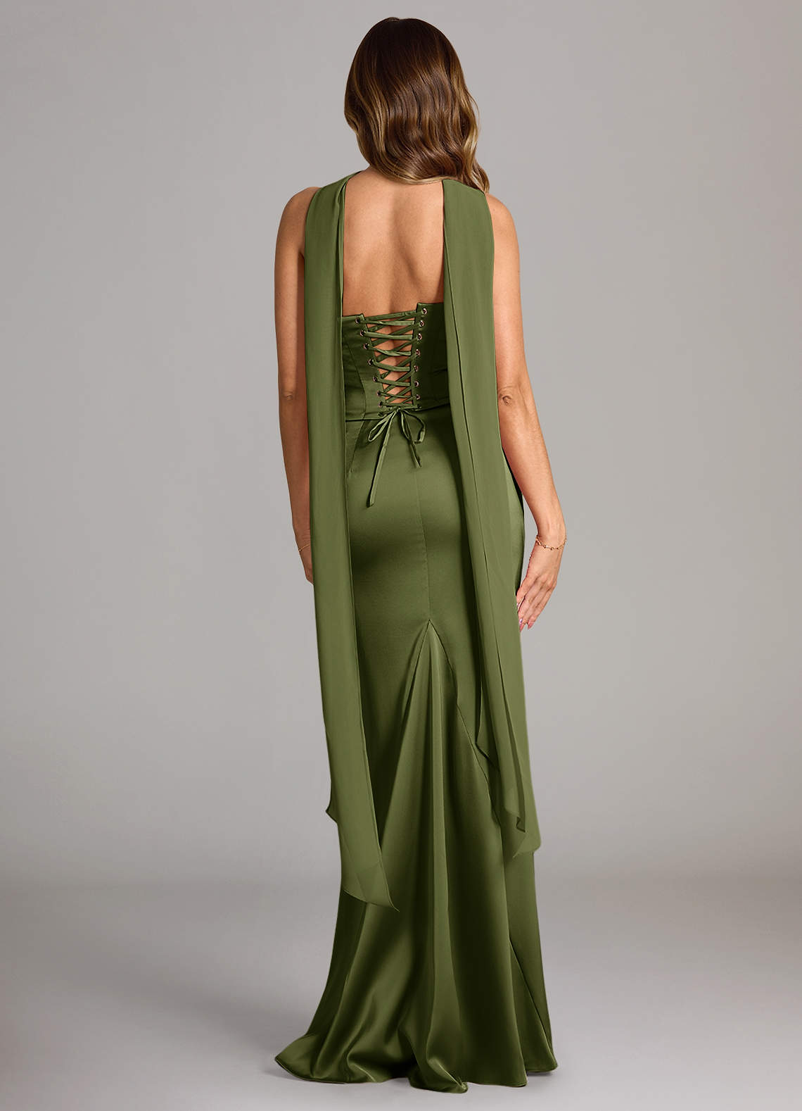 Sorrel Mermaid Cowl-Neck Stretch Satin and Chiffon Bridesmaid Dress in Olive