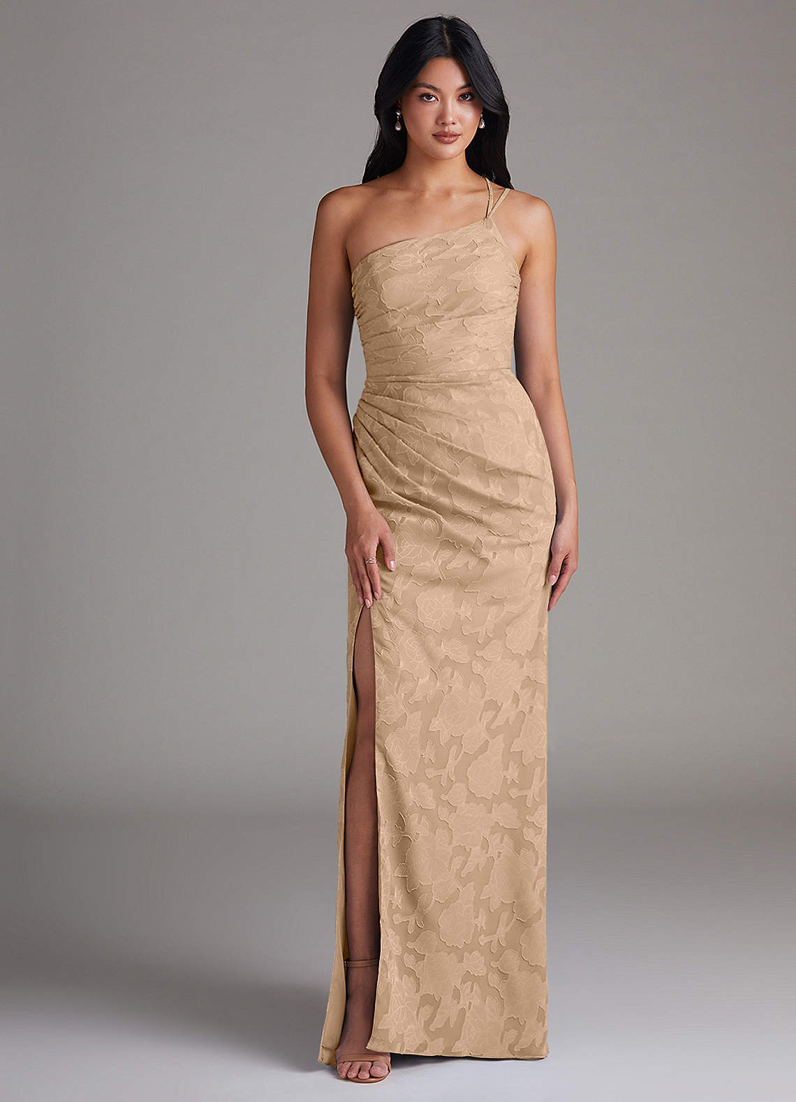Eren Sheath One-Shoulder Floral Burnout Bridesmaid Dress in Champagne