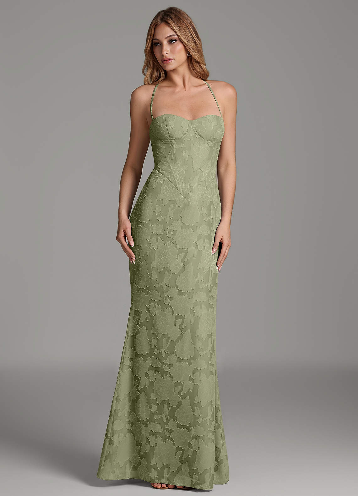 Dara Mermaid Sweetheart Floral Burnout Bridesmaid Dress in Pistachio