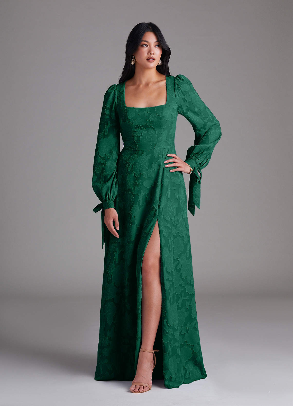 Leonia A-Line Square-Neck Stretch Satin Bridesmaid Dress in Emerald