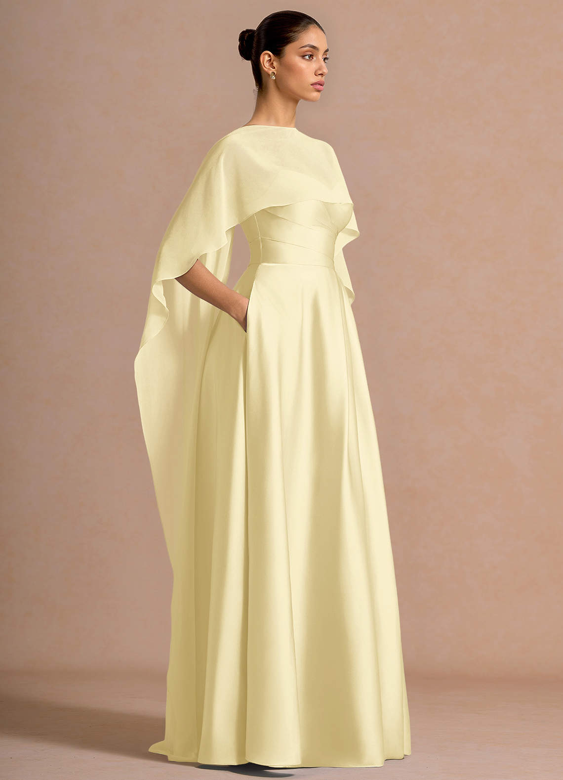 Nancy A-Line V-Neck Stretch Satin and Chiffon Evening Dress in Lemon Sorbet