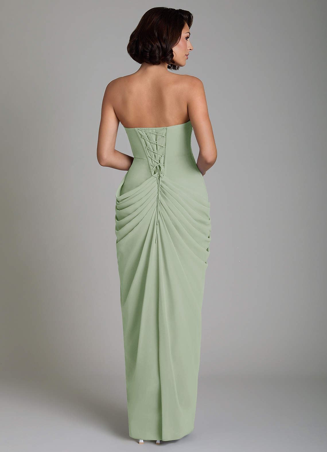 Nyra Sheath Strapless Chiffon Bridesmaid Dress in Dusty Sage