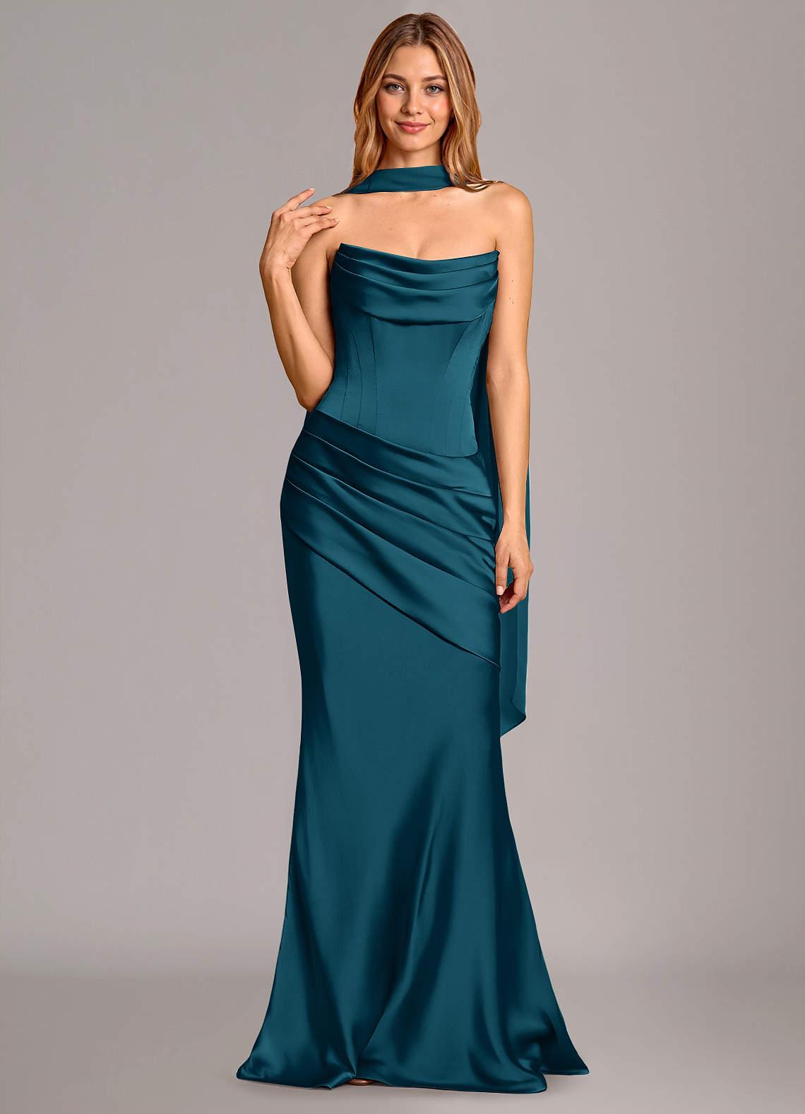 Pelagia Mermaid Cowl-Neck Stretch Satin Bridesmaid Dress in Ink Blue