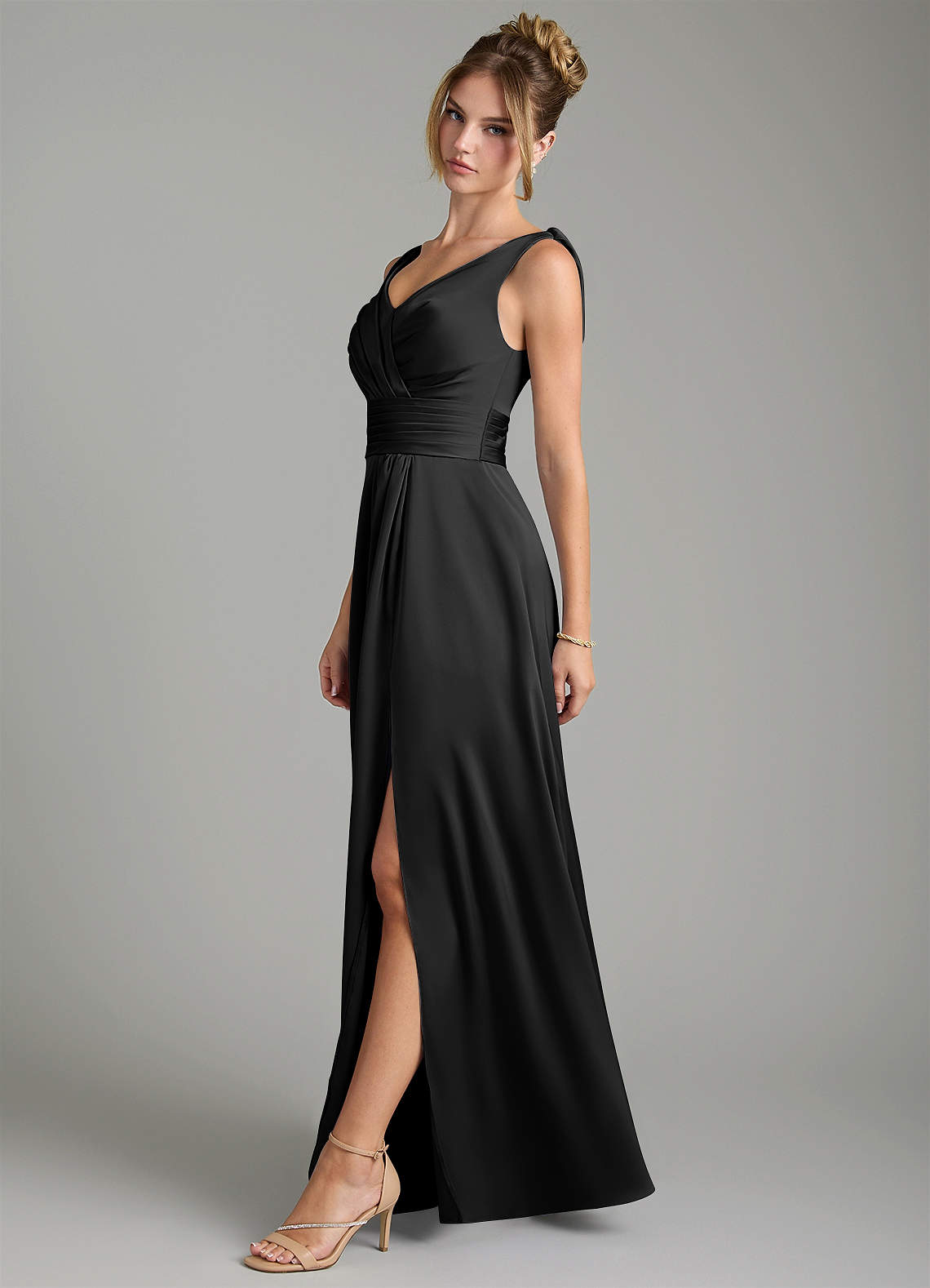 Karina A-Line V-Neck Stretch Satin Bridesmaid Dress in black