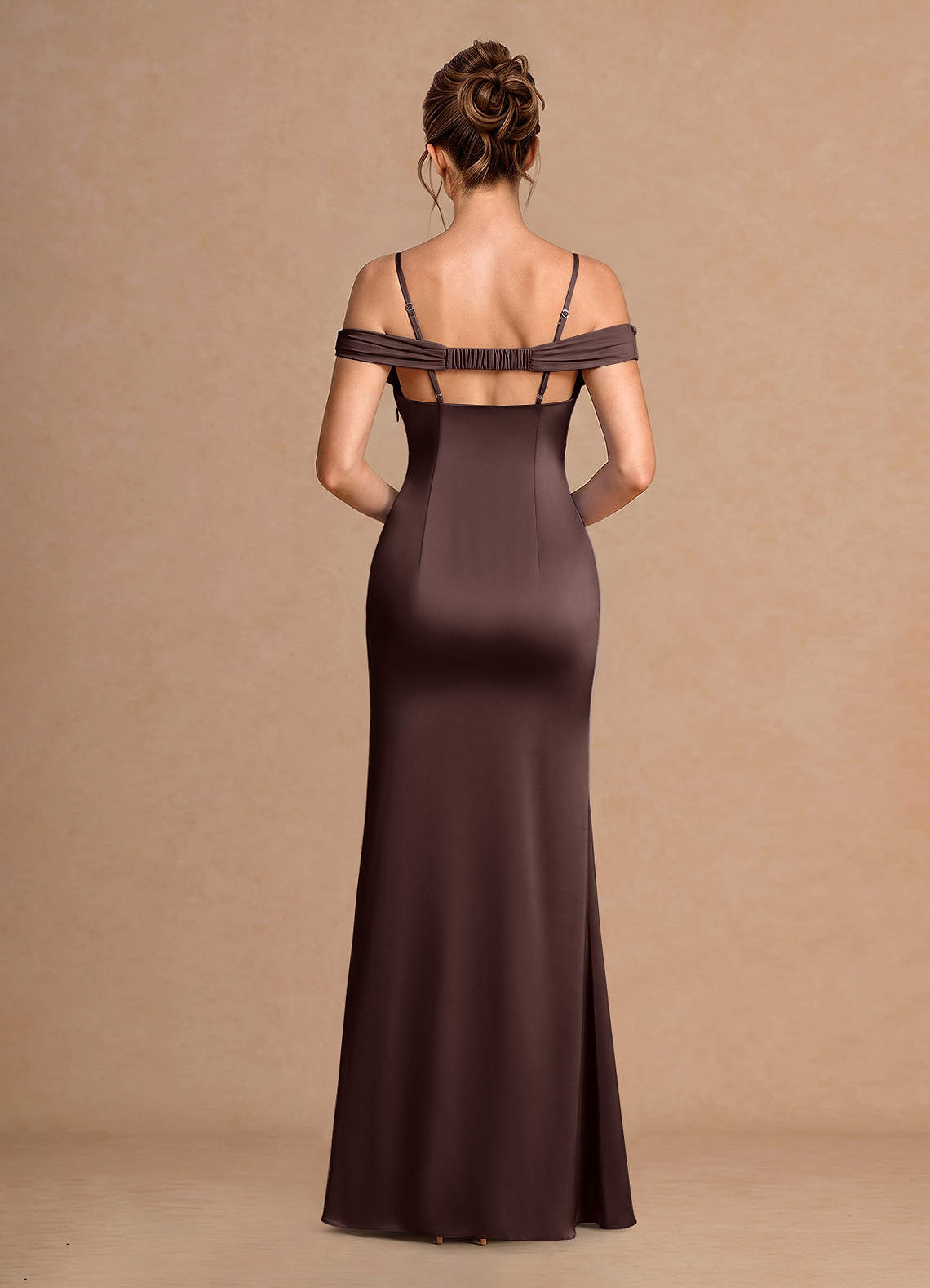 Estelle A-Line Cold-Shoulder Satin Chiffon Evening Dress in Truffle
