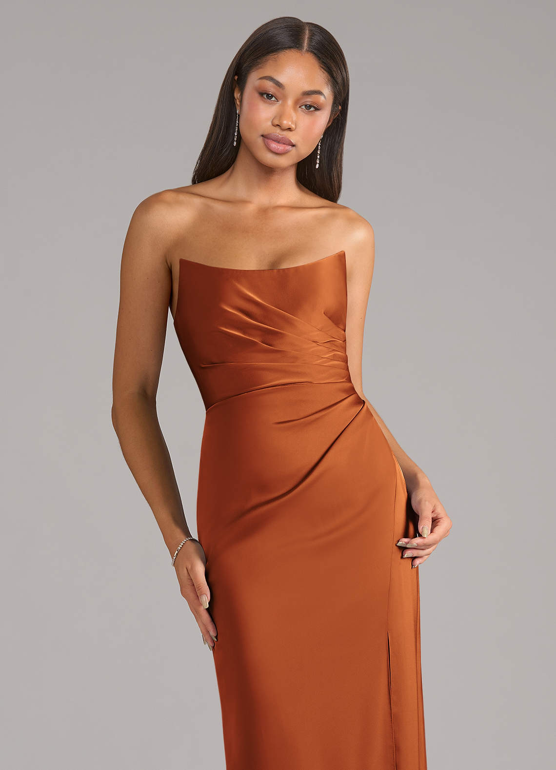 Marla Sheath Strapless Stretch Satin Bridesmaid Dress in Cinnamon