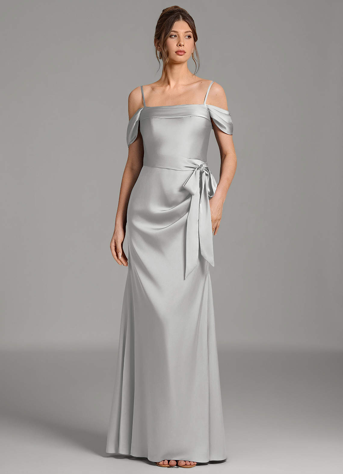 Wyatt Mermaid Off-the-Shoulder Stretch Satin Bridesmaid Dress in Silver