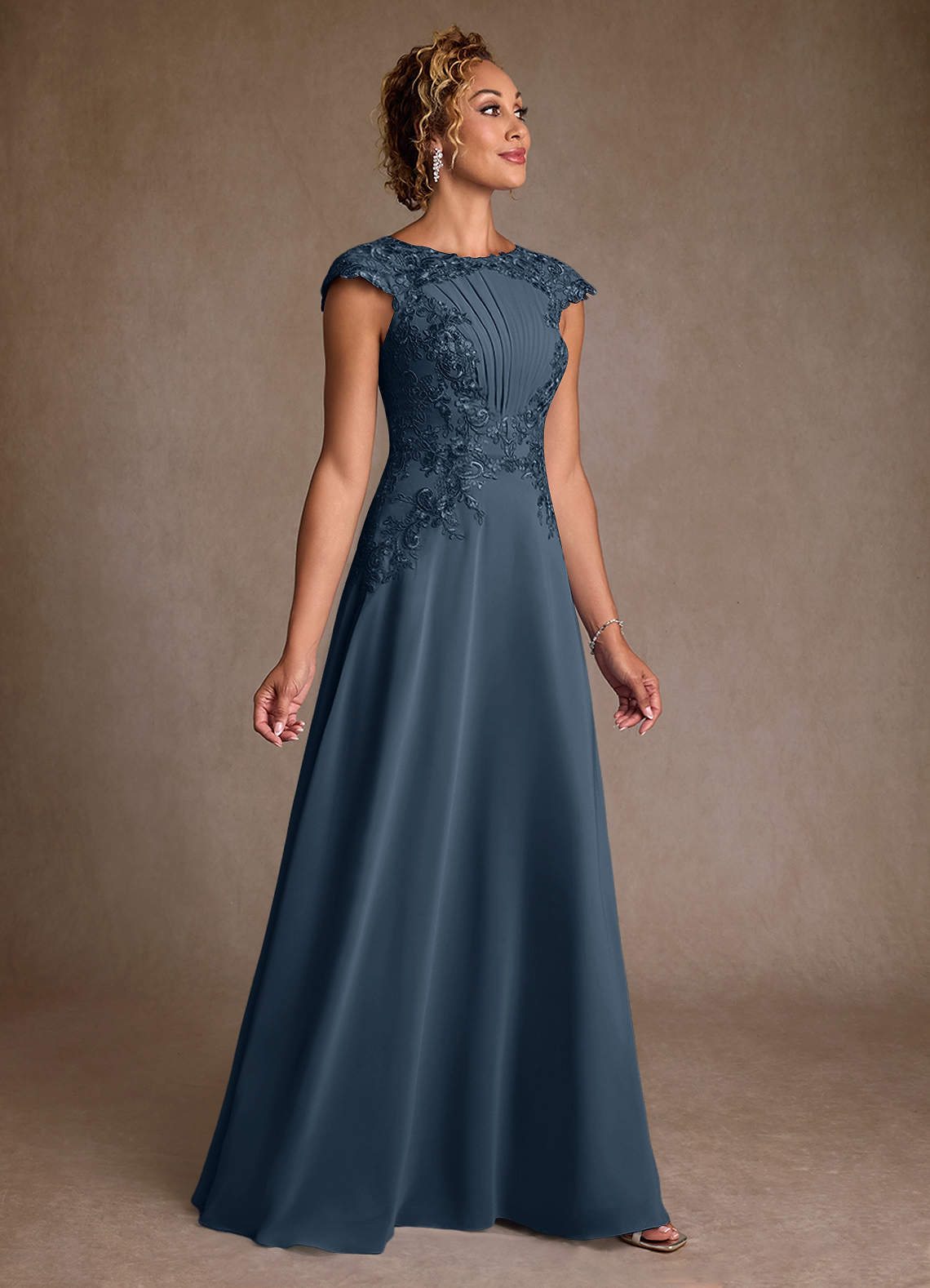 Christi A-Line Scoop-Neck Chiffon and Lace Mother of the Bride Dress in Neptune